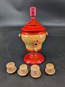 Vintage Russian Semenov Toy Samovar With 4 Cups
