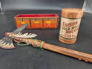 Vintage Edison Gold Moulded Records Cylinder & Painted Wooden Pieces Mixed Lot