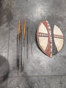 Vintage African Painted Shield & Spear Mixed Lot