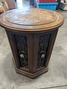 Carved Wood Accent Cabinet With Inlaid Top
