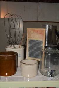 Crocks, rug beater, glass beverage ...
