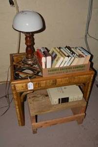 Wood bench, wicker table, books, la...