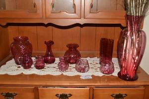 Cranberry glassware, lamp, peacock ...