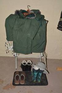 Ladys coat, boots, drying racks...