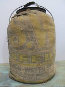 Vintage 1930s era Lidded Bucket or Jar Wrapped in Old Seed Bag