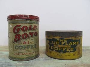 2 Antique Advertising Coffee Cans wLids - Blue Flame &amp Gold Bond