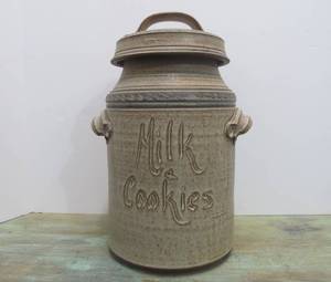 Vintage Signed Studio Art Pottery Milk &amp Cookies Cookie Jar by Richard Lien