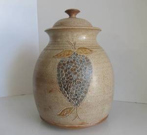 Signed Vintage Stoneware Jar wLid - Grape Cluster Decoration