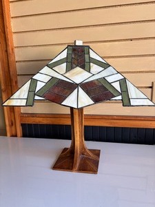 Deco Stained Glass Tiffany Style Table Lamp wMatching Art Deco Wood Base