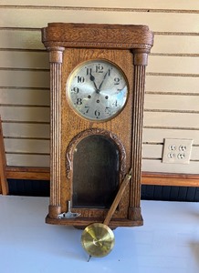 Very Nice Antique German Oak Wall Clock wPendulum &amp Key