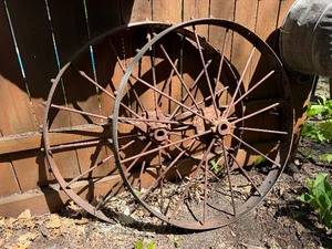 Matching Pair of Antique Iron Studded Wagon Wheels - 40