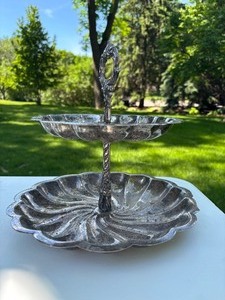 Vintage Silver Plated 2-Tier Scalloped Edge Serving Tray