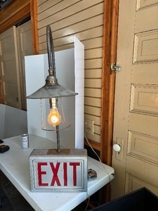 Very Cool Vintage Lighted EXIT Sign wIndustrial Lamp attachment