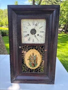 Nice Antique GILBERT Ogee Wall or Mantel Clock wChinese Men Window Artwork