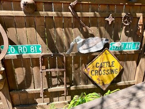 Contents of Fence - Old Cattle Crossing Sign Cast Iron Items etc