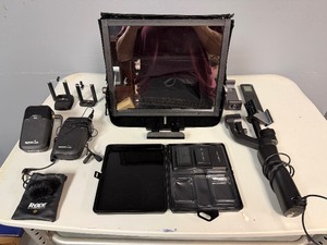 Large Lot of Audio Visual Equipment RODELINK Wireless Microphone Kit W Reciever and Transmitter, Glide Gear Teleprompter Frame, Misc. Attachments