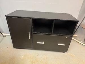 Black Media Cabinet 1 Drawer, 1 Door, 2 Cubbies 39.5W X 16D X 26T (No Key)