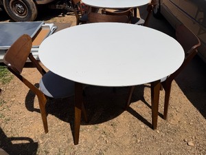 Round Table 43 12 With Three Upholstered Gray Wooden Chairs