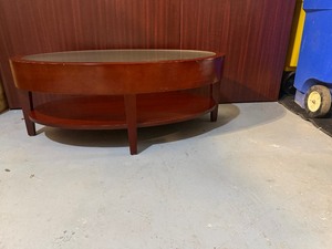 Mahogany Oval Coffee Table 42 X 25 14 X 16 with Glass Top and Lower Shelf