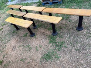 Six Wood Benches with Metal Bases