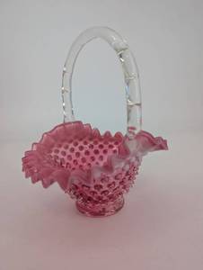 Pink Hobnail Glass Basket With Clear Handle