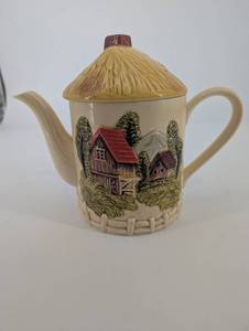 Teapot - Ceramic Cottage Scene Lidded Tea Pot