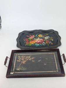 Serving Tray Set - Decorative Hand-Painted Floral Trays (Lot of 2)