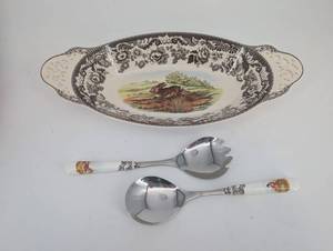 Serving Bowl Set - Spode Woodland Rabbit Oval With Salad Servers (3-Piece)