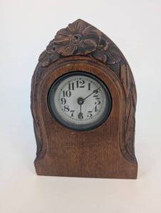 Vintage Wooden Mantel Clock - Carved Floral Case