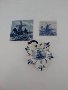 Vintage Delft Blue Tile & Trivet Set (Lot of 3)