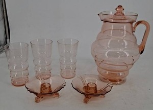 Pink Art Deco style Glass Pitcher & Glass Set