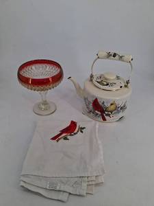Cardinal Bird Teapot, Crystal Compote & Napkins Mixed Lot