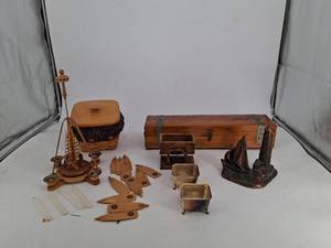 Estate Mixed Lot Wooden Box, Wicker Basket, Lighthouse Decor & Candle Holders