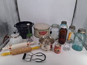 Vintage Estate Kitchenware Mixed Lot Angelus Marshmallows Tin & Folgers Coffee Can
