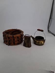 Vintage Rustic Hanging Basket Bell & Brass Kettle Mixed Lot