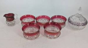 Vintage Ruby Flash Glass Dessert Set (Lot of 7)
