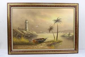 Framed Coastal Lighthouse Painting Signed Batae 42 X 29 in