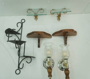 home decor, glass, metal, wood shelves, wall sconce candle holders