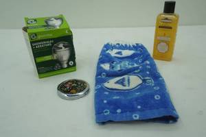 shower head, compact, hand towel, soap