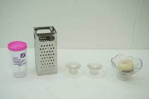 4 sided stainless steel grater, mug, crystal candy dish & candle holders