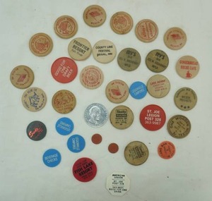 Vintage Wood & Plastic Bar Tokens & Wooden Nickels