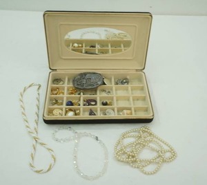 Black Velvet Jewelry Box and Contents. Belt buckle, beaded necklaces, earrings