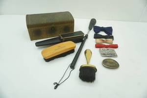 Vintage Belt Buckles, Bow Ties, Shoe Brushes, Shoe Horn, Vintage Metal Treasure Chest