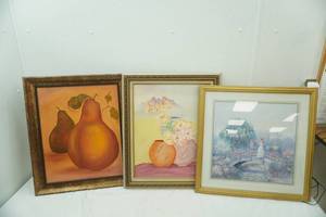 Framed Oil Paintings 2ct, Vintage Art Print Woman on Bridge