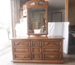 Vintage wooden dresser 9 drawers with mirror 63Lx18.5Dx30H (81H with mirror)
