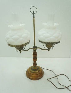 Vintage Mid Century Double Student Lamp. quilt milk glass shades, clear chimneys, wood and brass. 25 tall