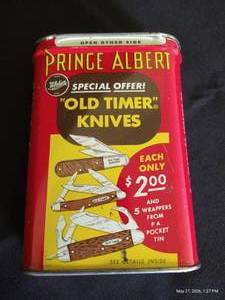 Prince Albert Tobacco Tin w Old Timer Knife Ad