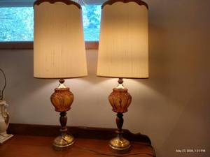 Matching Amber Glass 35 Lamps w Embroidered Shades