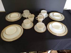 Fire King Swirl Milk Glass w Gold Trim, Setting of 4 w Cream  Sugar