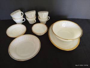 Fire King Swirl Milk Glass w Gold Trim Serving Dishes & Extra Cups Saucers